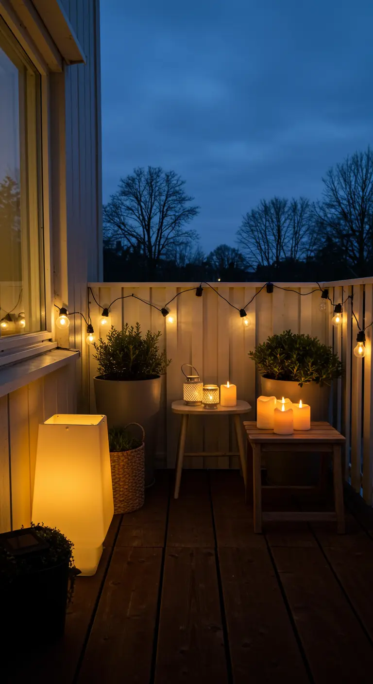 Balcón de noche iluminado por una guirnalda de luces, velas en farolillos y una lámpara de pie.