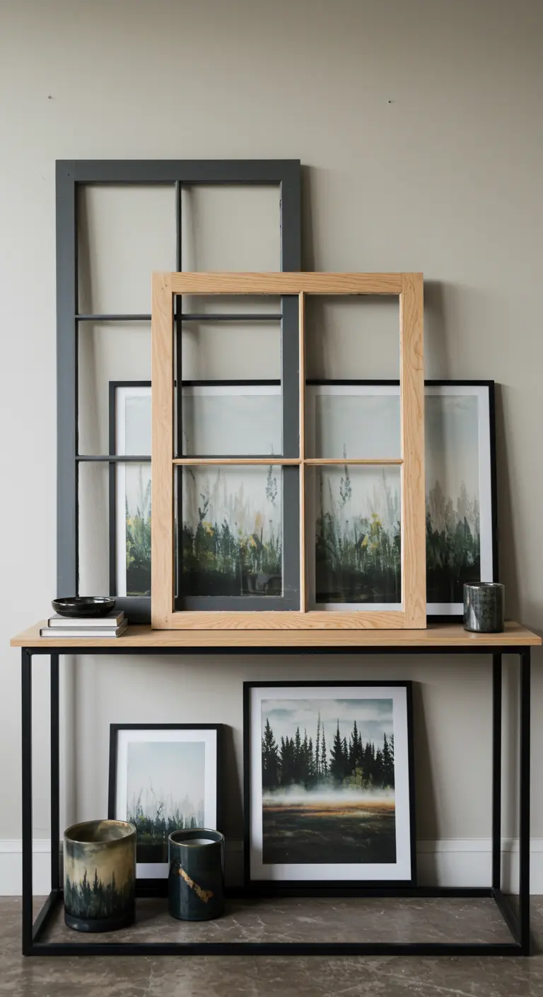 Composición de marcos de ventana de madera y negro superpuestos sobre una consola.