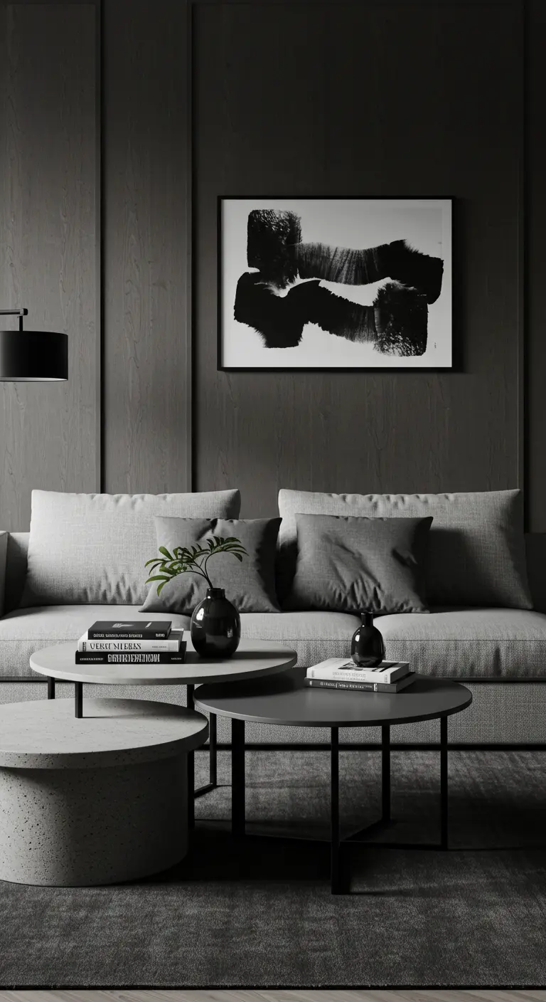 Varias mesas nido redondas de hormigón en diferentes alturas en un salón gris oscuro