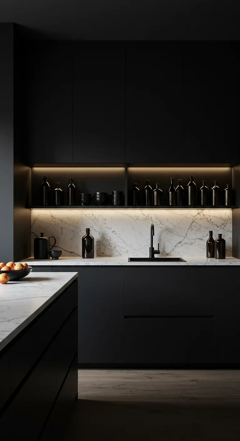 Cocina moderna y oscura con iluminación LED bajo las estanterías negras y sobre el mármol.