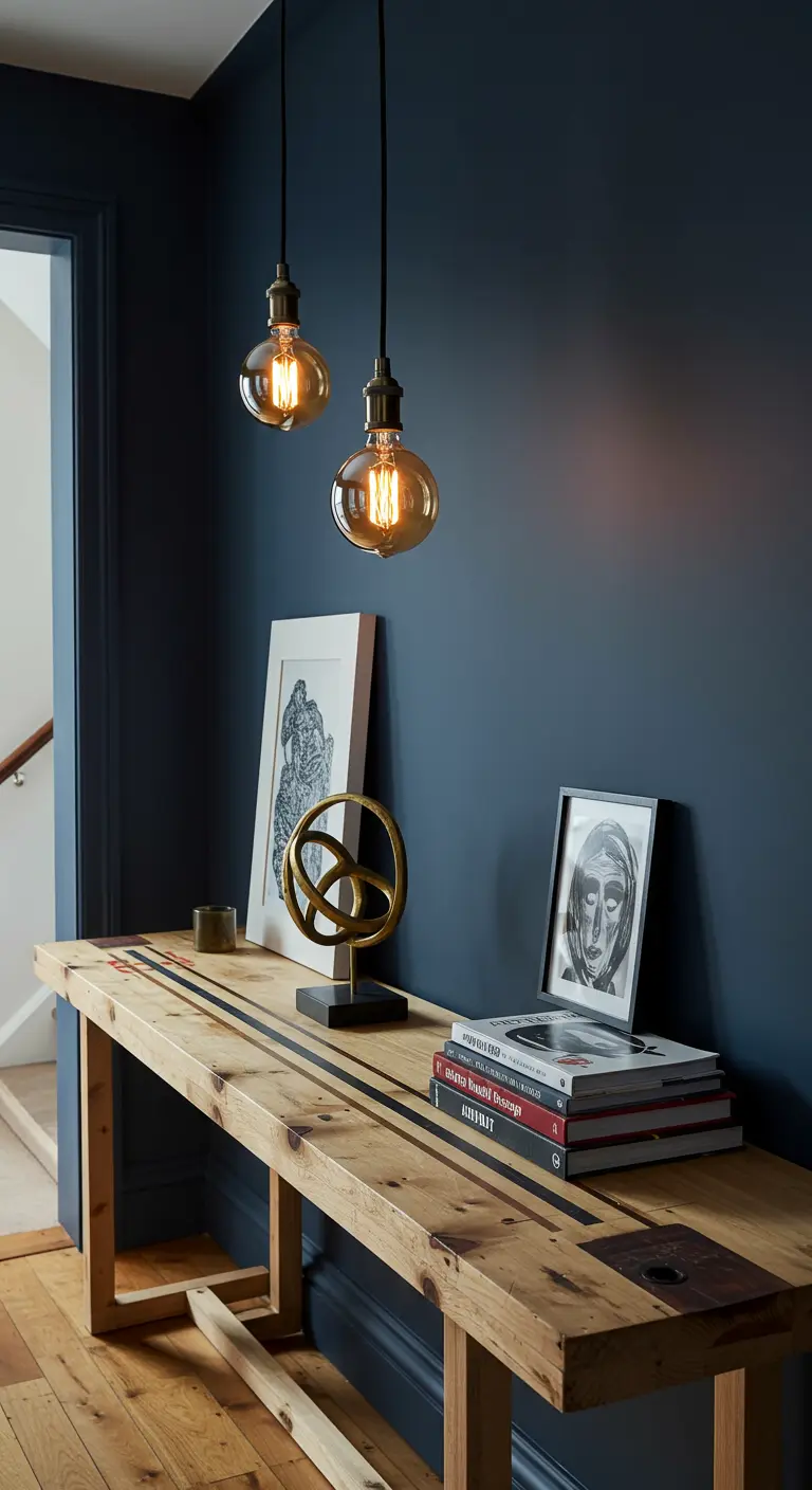 Recibidor oscuro con dos bombillas Edison colgantes sobre una consola de madera rústica.