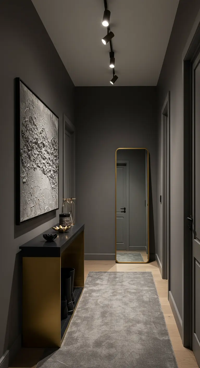 Pasillo oscuro con iluminación focalizada, un gran cuadro con textura y una consola negra y dorada.