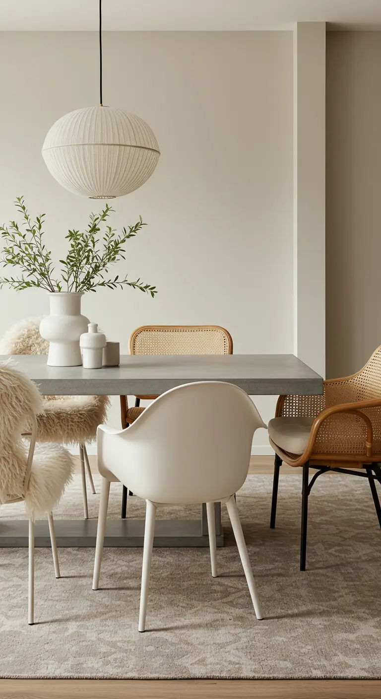 Comedor de tonos neutros con sillas de diferentes texturas: ratán, borreguito y plástico blanco.