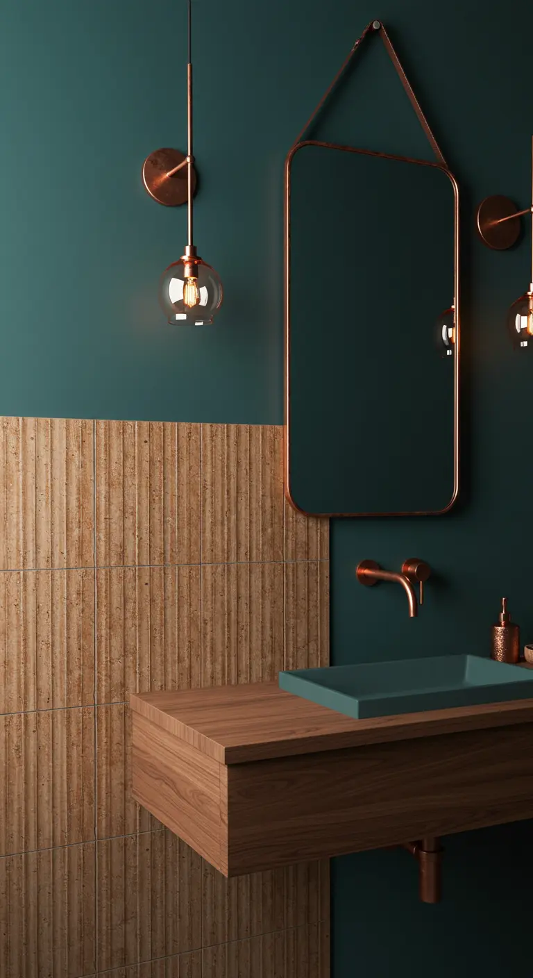 Baño con pared verde azulado, azulejos de terracota y espejo de cobre colgante.