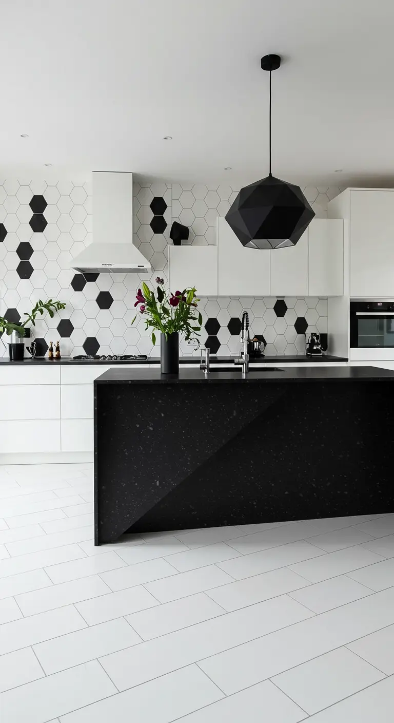 Cocina moderna con salpicadero de azulejos hexagonales en blanco y negro y una isla negra.
