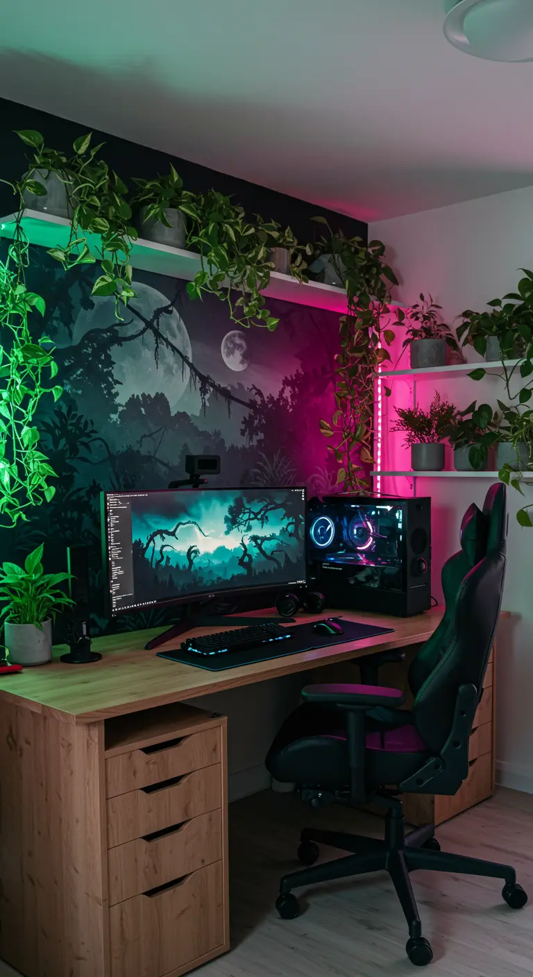 Estación de juego con un mural de un bosque fantástico, plantas reales y luces LED verdes y rosas.