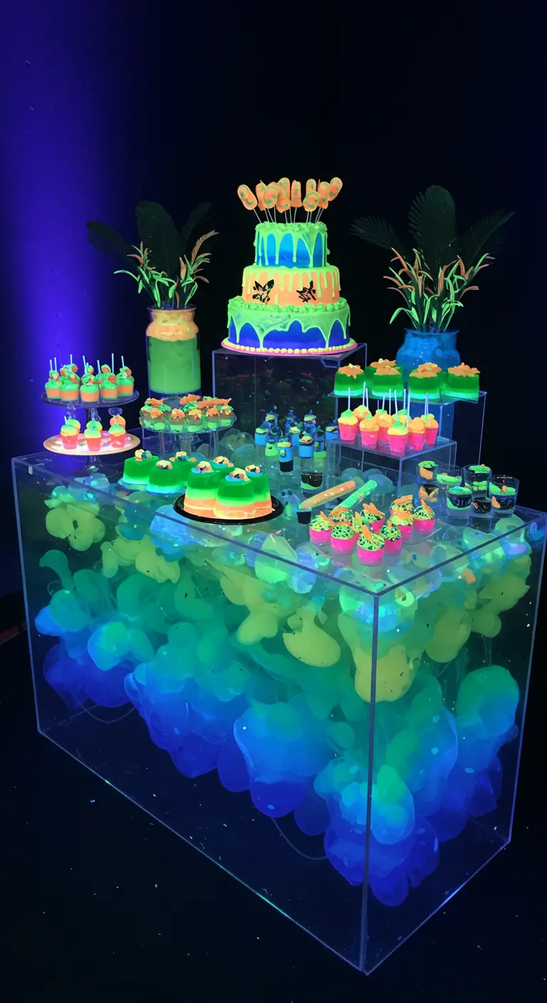 Mesa de dulces de neón con una base transparente llena de formas brillantes y postres a juego.