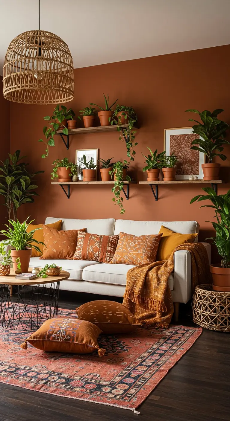Sala de estar bohemia con pared terracota, sofá blanco, muchas plantas y textiles estampados.