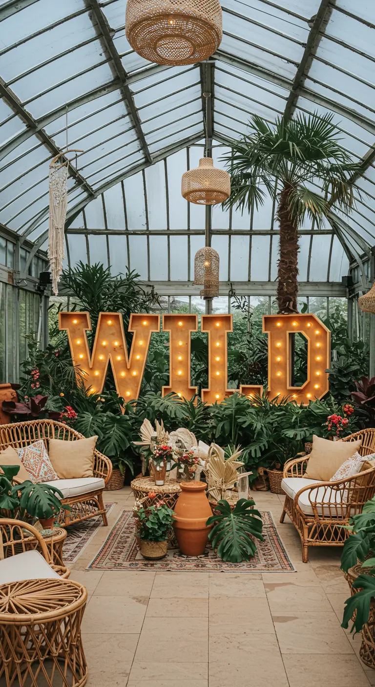 Letras 'WILD' iluminadas en un invernadero con muebles de ratán y muchas plantas tropicales.