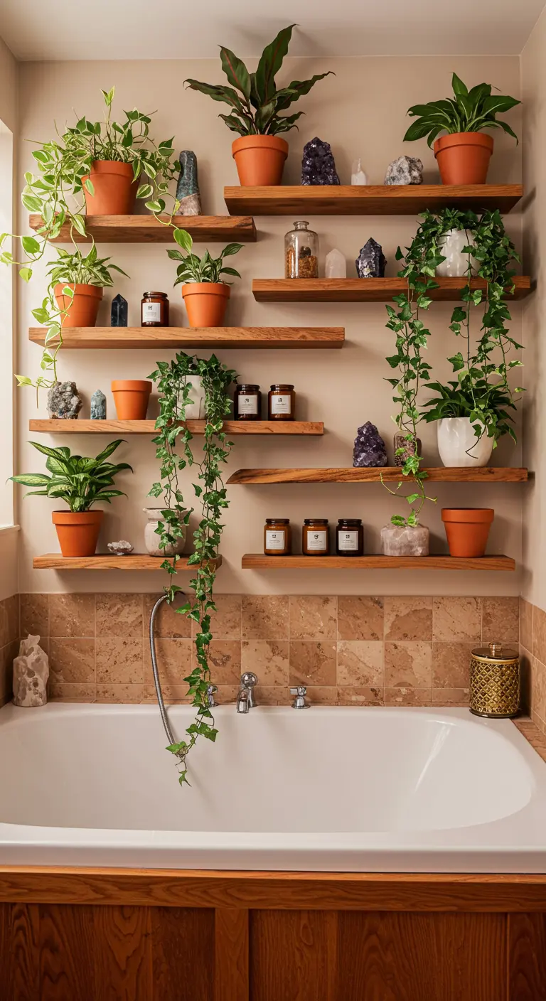 Estanterías de madera sobre una bañera, repletas de plantas colgantes y cristales.