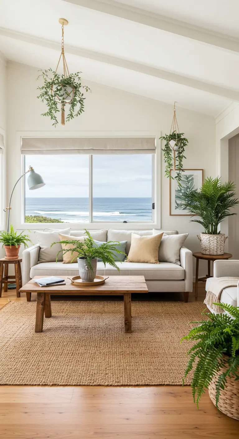 Sala de estar costera llena de plantas colgantes y en macetas con vistas al mar.