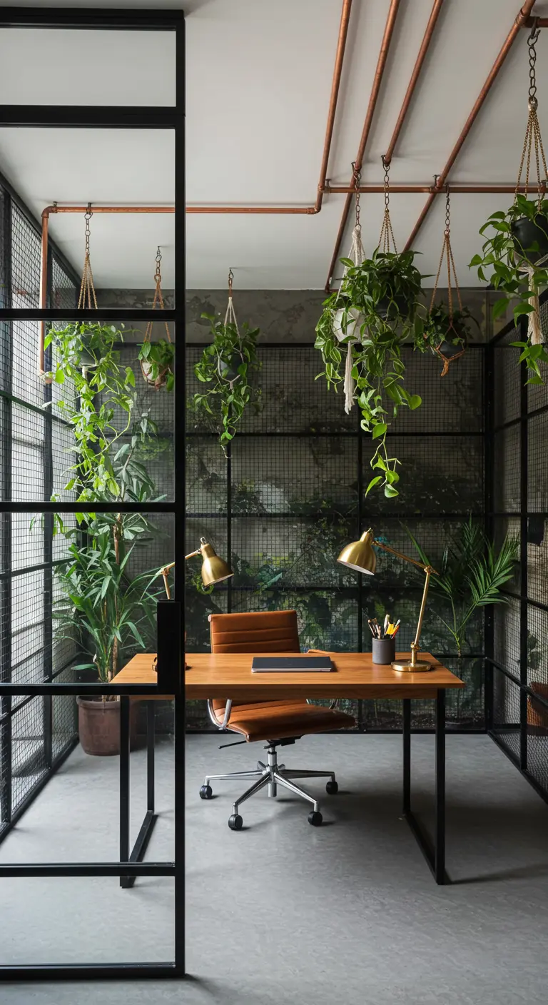 Oficina acristalada con estructura metálica negra y llena de plantas colgantes, estilo invernadero urbano.