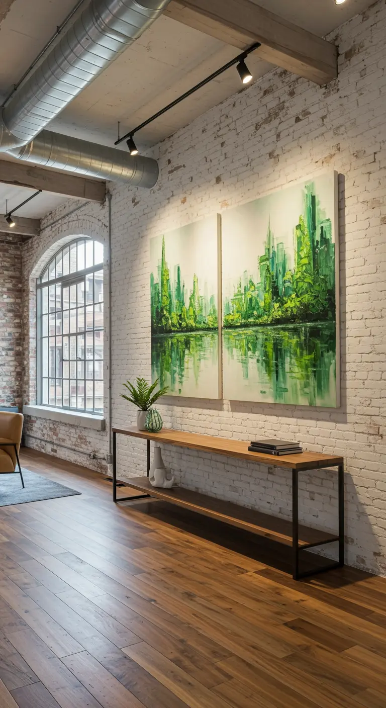 Díptico de una acuarela de un paisaje urbano verde sobre una consola industrial en un loft