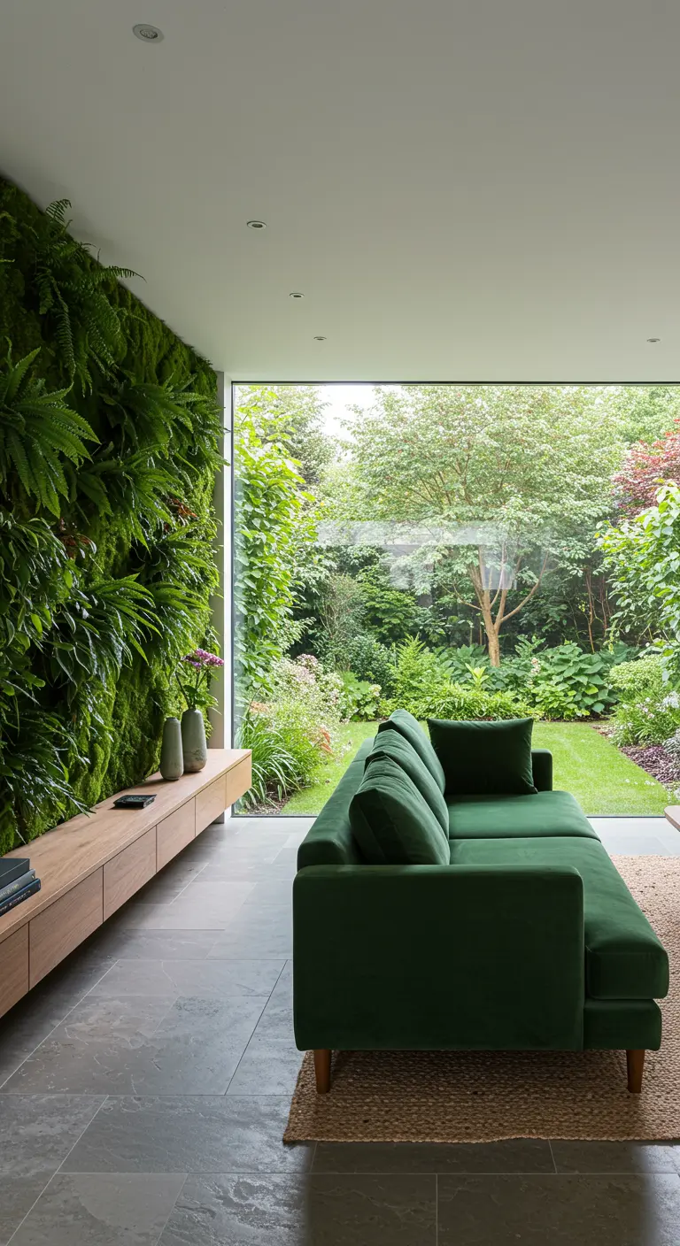 Salón moderno con sofá de terciopelo verde y una pared completamente cubierta de plantas.