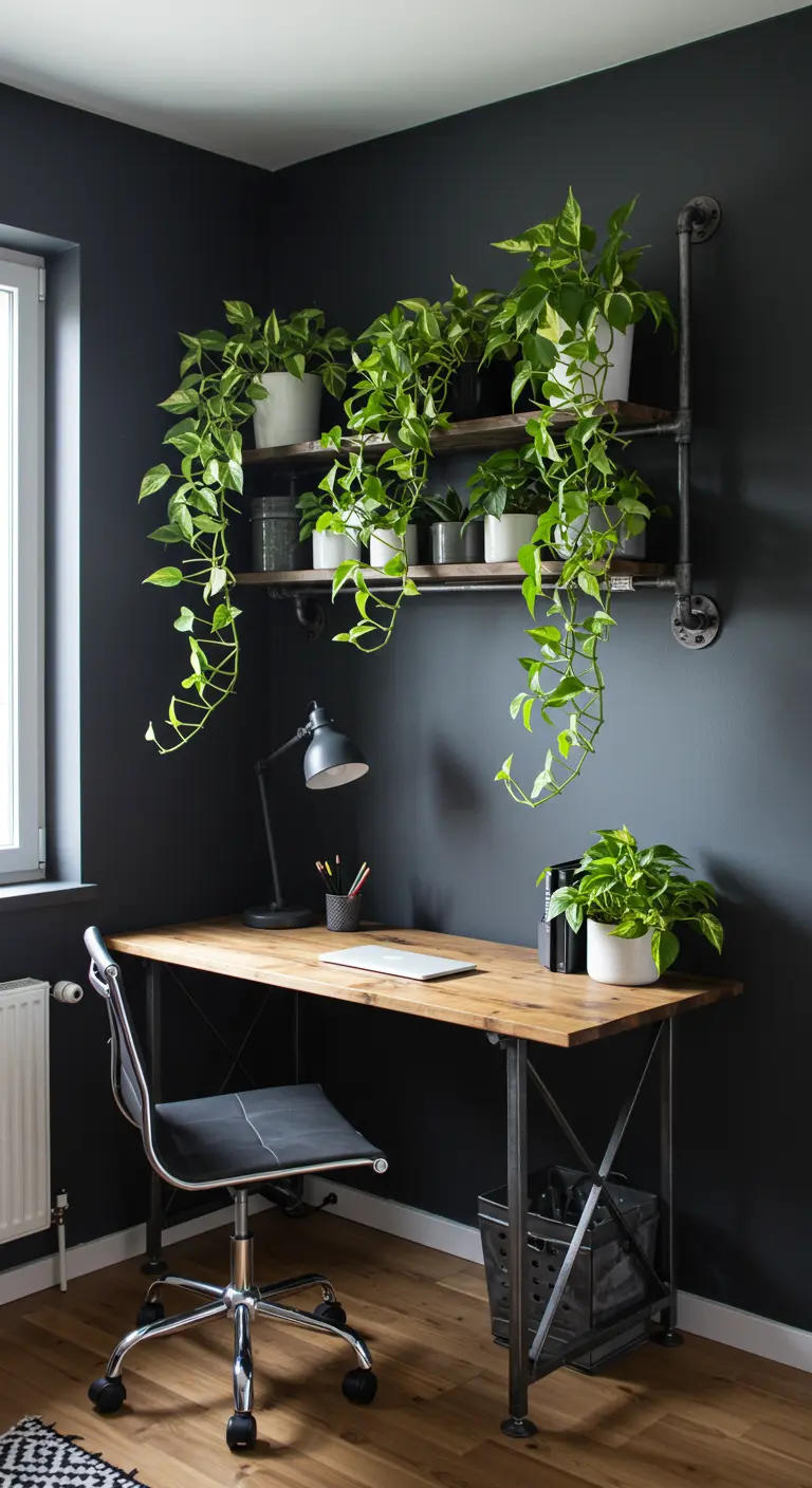 Oficina con pared negra, estantería de tuberías y muchas plantas verdes colgando.