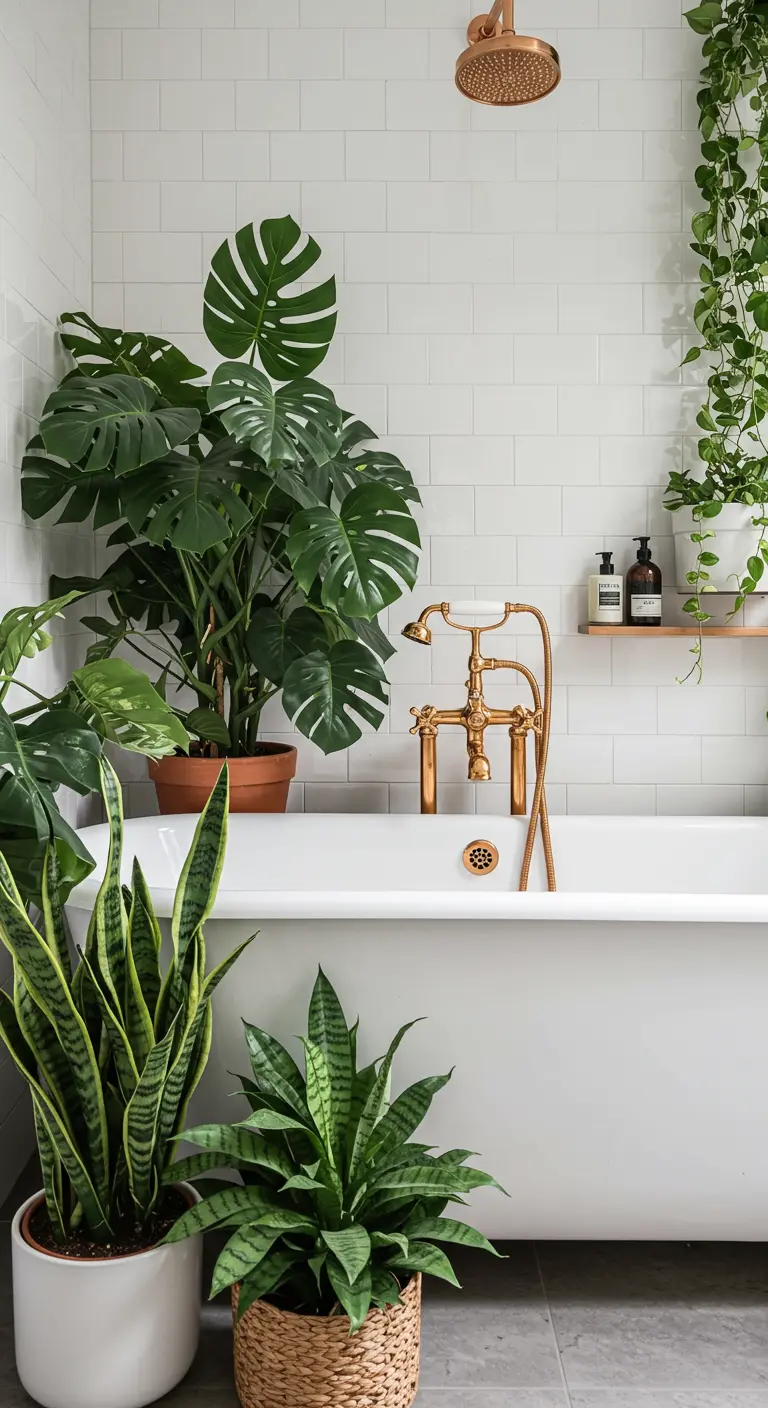 Baño blanco con muchas plantas de interior rodeando una bañera y grifería de cobre.