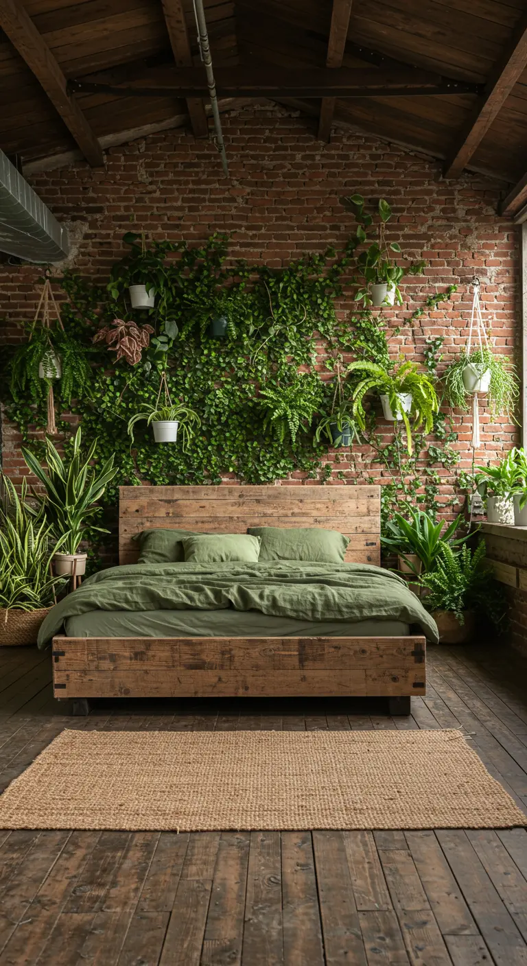 Dormitorio con una pared de ladrillo cubierta de plantas, cama de madera y suelo rústico