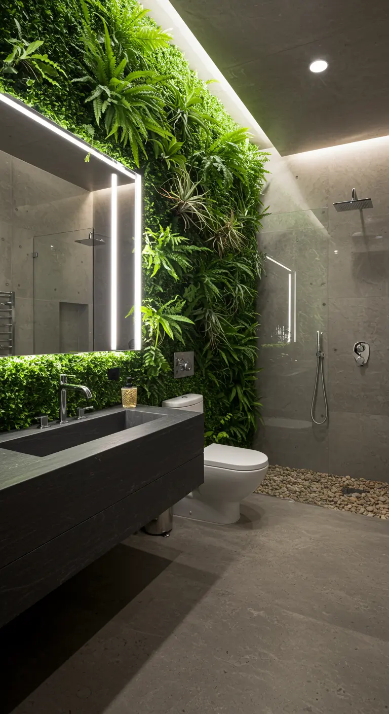 Baño moderno con paredes de cemento, un jardín vertical y un lavabo negro.