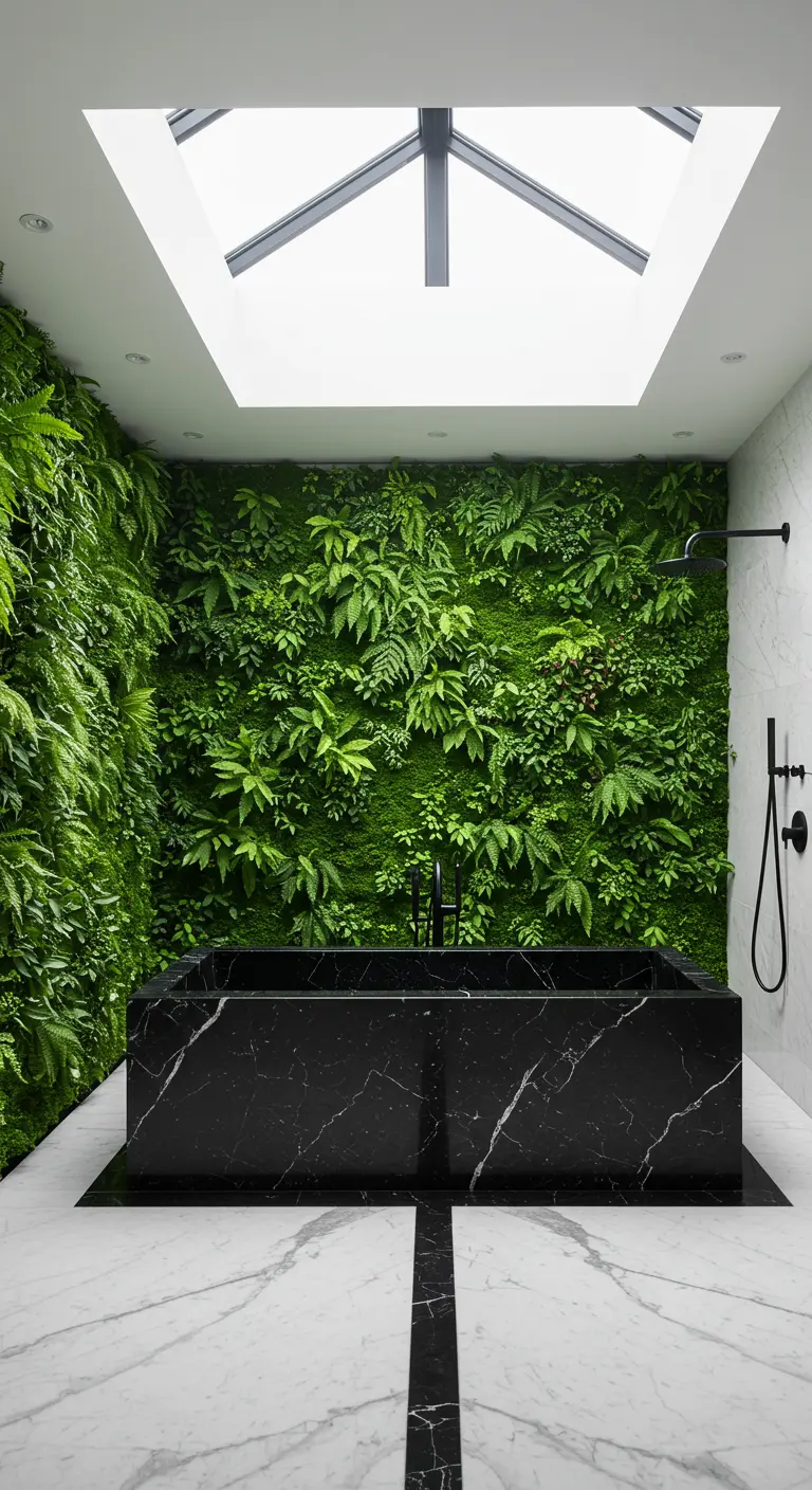 Baño con pared de jardín vertical, bañera de mármol negro y lucernario en el techo