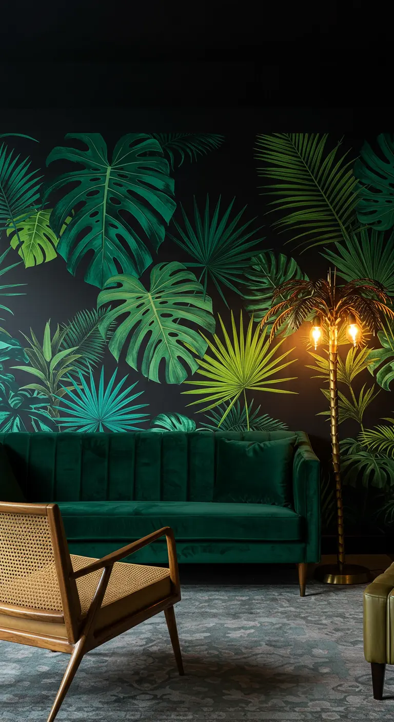 Pared de salón con papel tapiz de hojas tropicales sobre un fondo oscuro, junto a un sofá de terciopelo verde.
