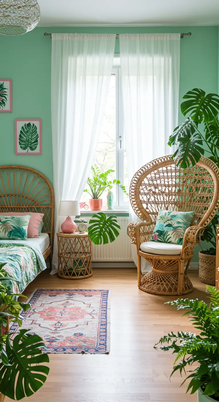Dormitorio bohemio de los 80 con muebles de ratán, paredes verde menta y muchas plantas.