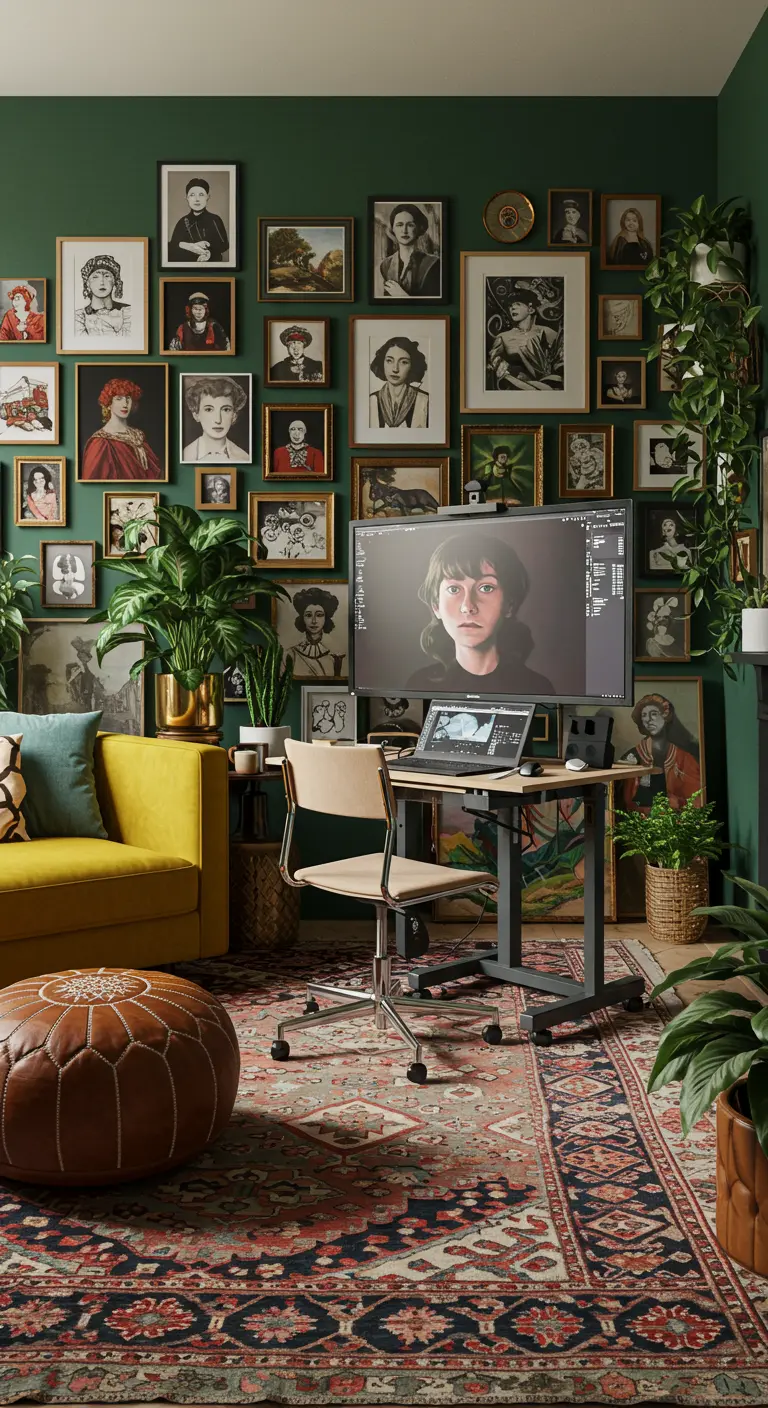 Oficina en casa con una pared verde oscuro cubierta de retratos enmarcados y muchas plantas de interior.