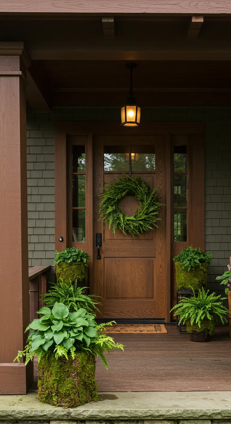 Porche rústico con puerta de madera, corona de helechos y macetas cubiertas de musgo con hostas
