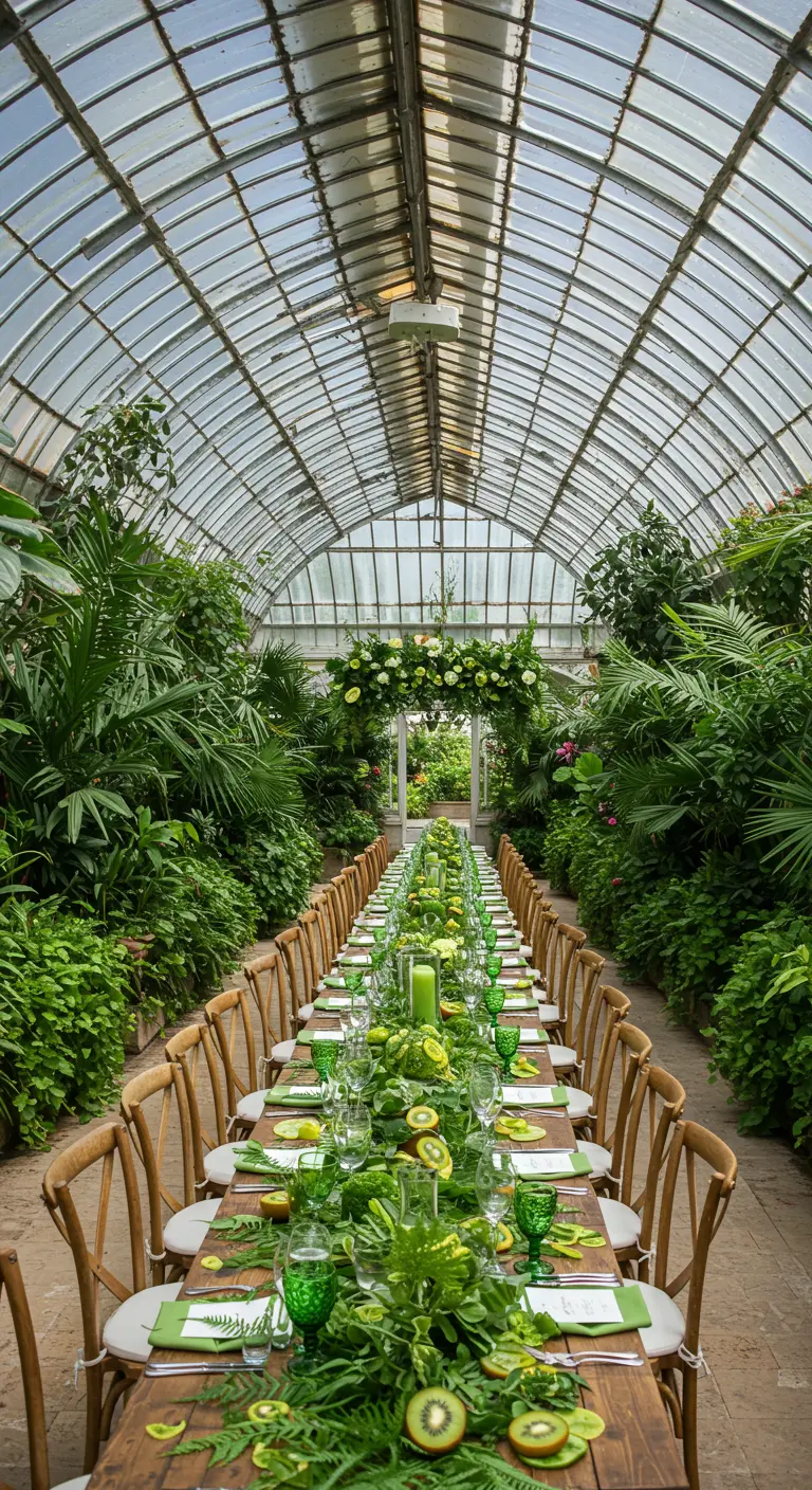Mesa larga en un invernadero con una decoración completamente verde a base de kiwis y limas.