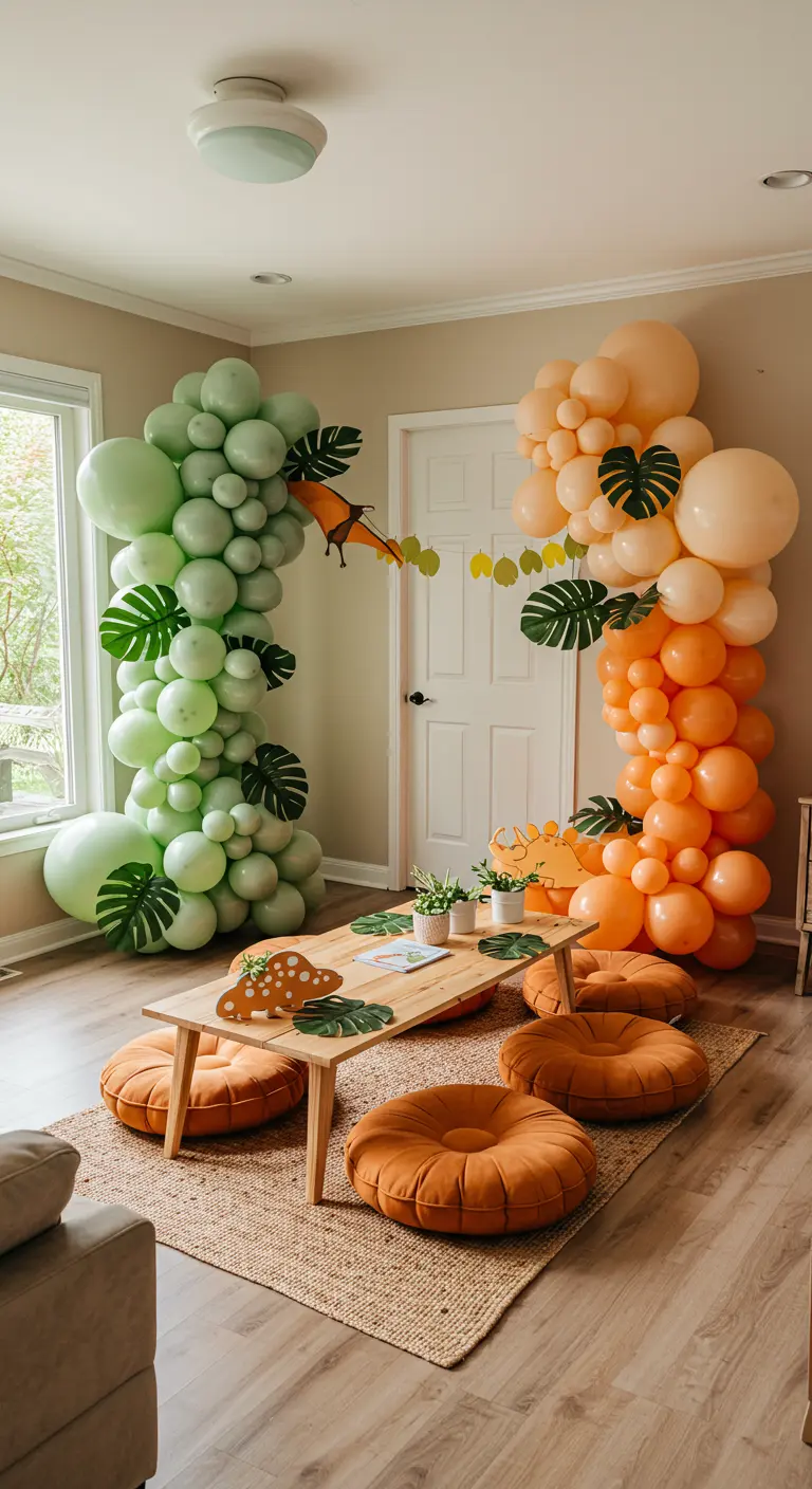 Dos columnas de globos en verde y naranja con hojas de monstera, en una sala de estar.