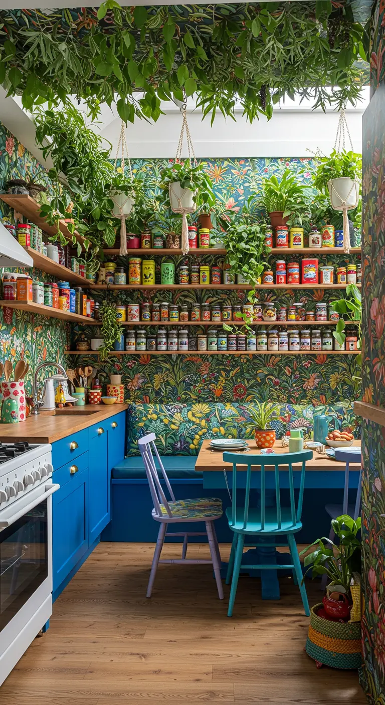 Cocina maximalista con papel tapiz floral, gabinetes azules y una abundancia de plantas y especias.