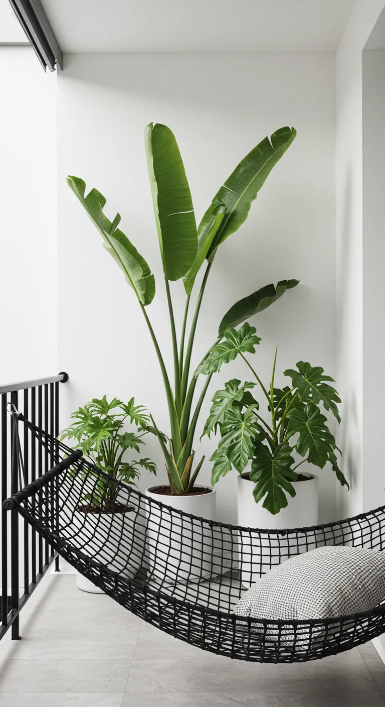 Balcón minimalista con paredes blancas, una hamaca de red negra y tres grandes plantas de interior