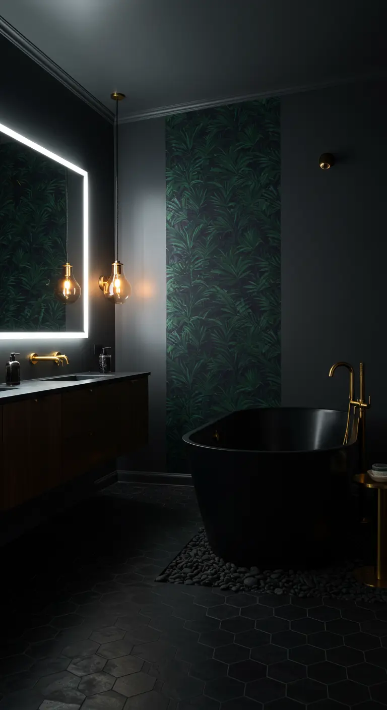 Baño oscuro y elegante con papel pintado de hojas, bañera negra y grifería dorada