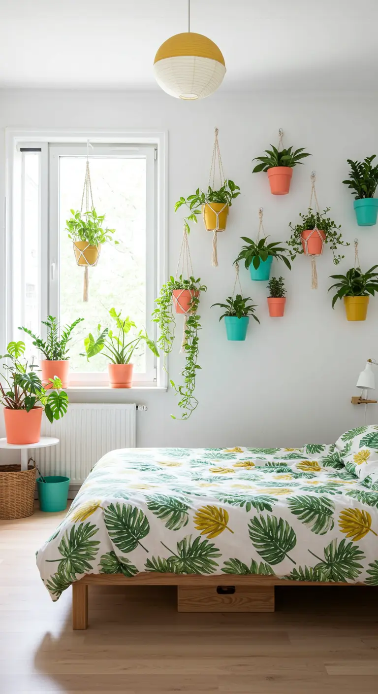 Dormitorio luminoso con muchas plantas colgantes y en macetas de colores.