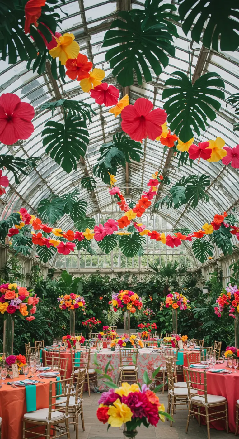 Invernadero exuberante decorado para una boda con guirnaldas de flores de hibisco de papel de colores.