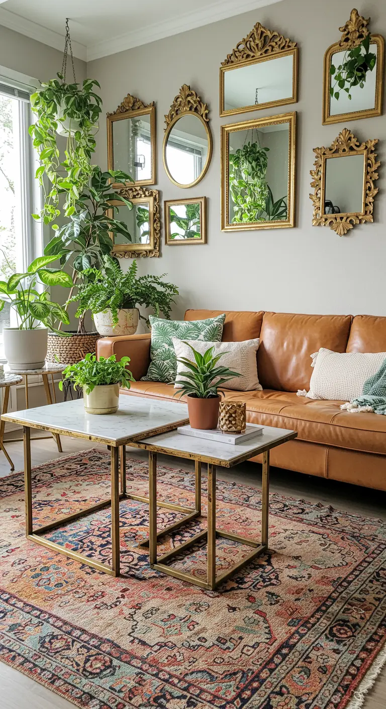 Sala bohemia con sofá de cuero, muchas plantas y una pared de galería con espejos dorados