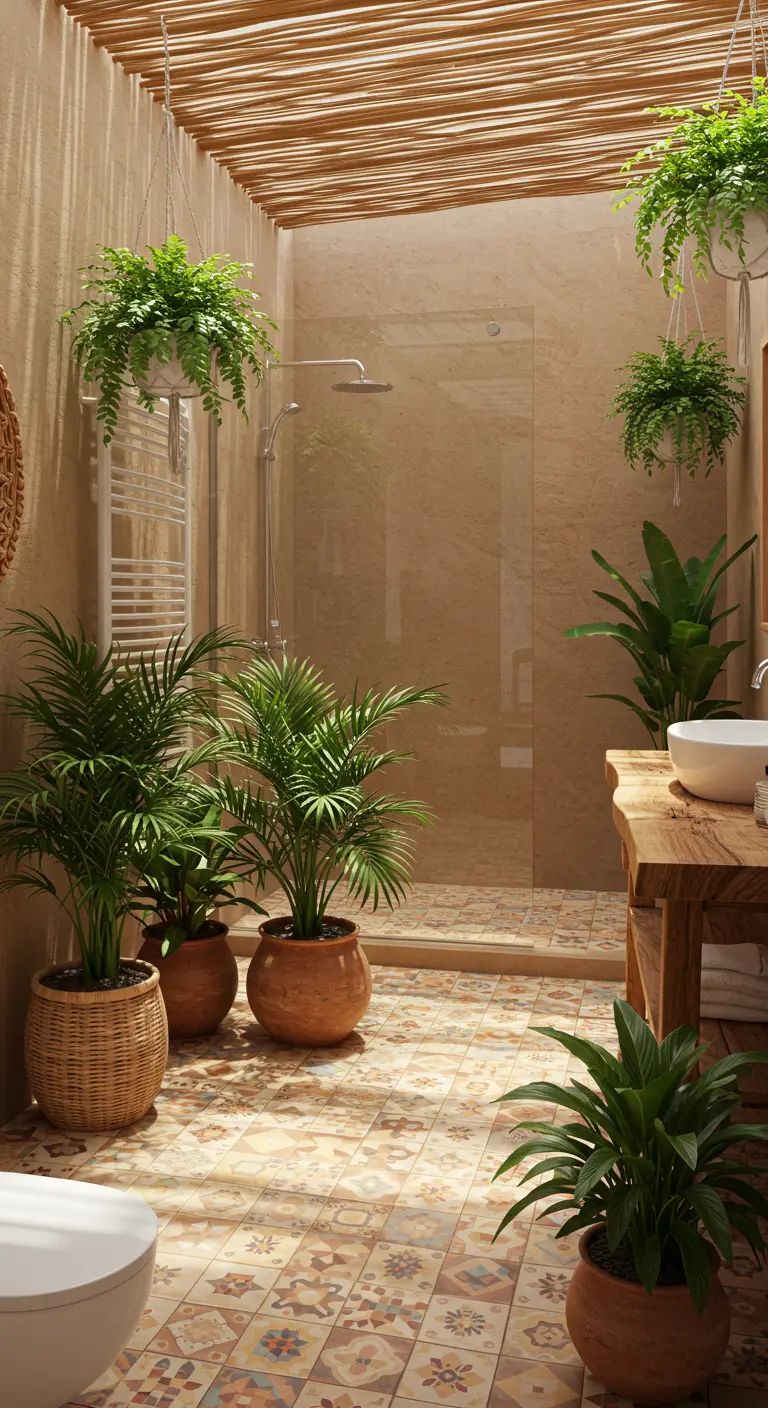 Baño con azulejos de terracota, techo de caña y abundantes plantas colgantes y en macetas.