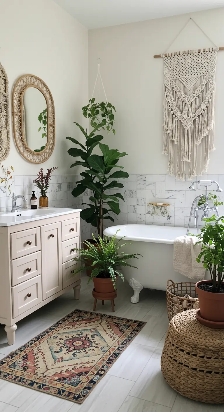 Baño bohemio con muchas plantas, un tapiz de macramé y una bañera con patas.