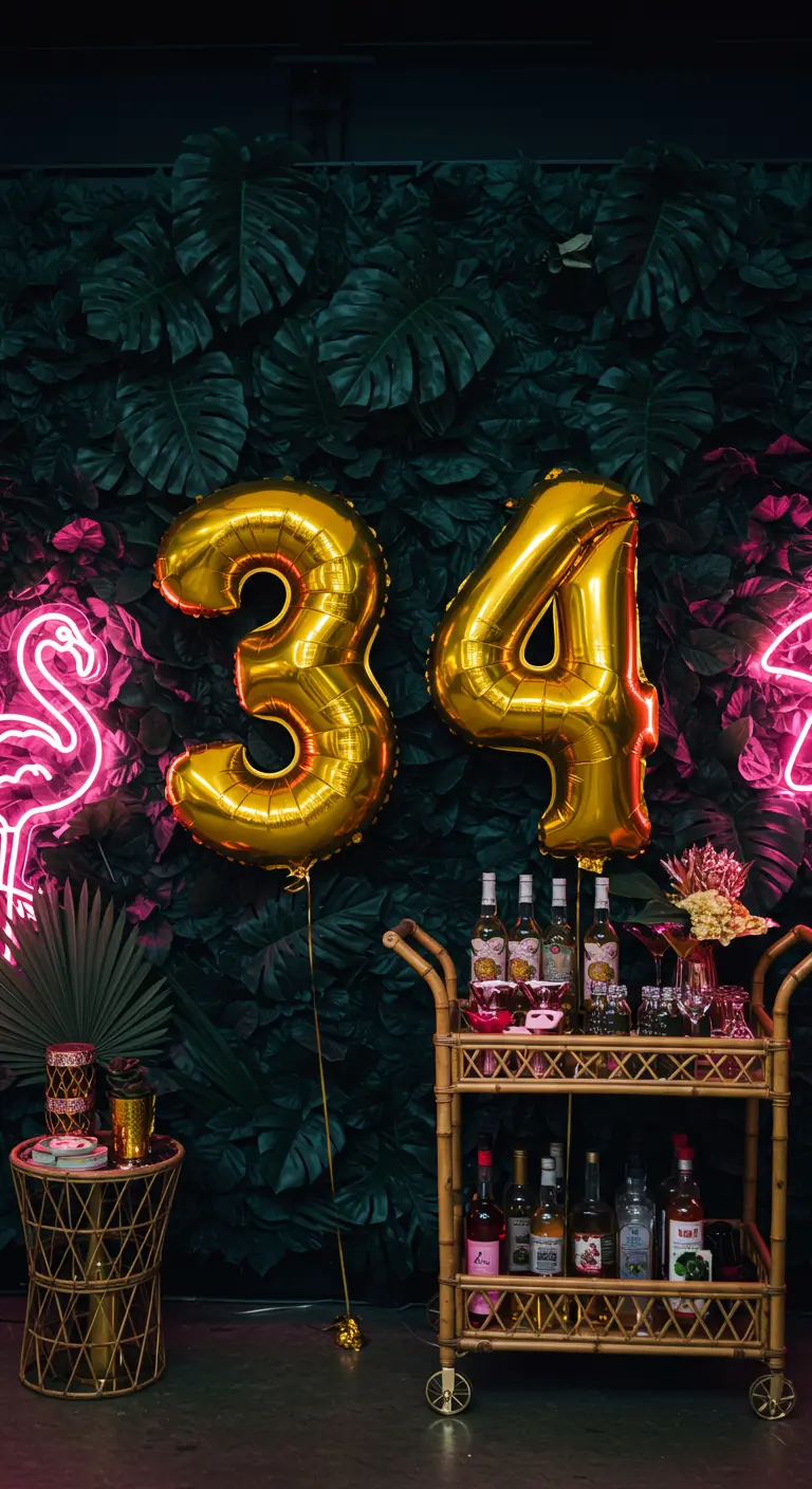 Globos dorados del 34 frente a una pared de hojas tropicales con un neón de flamenco rosa.
