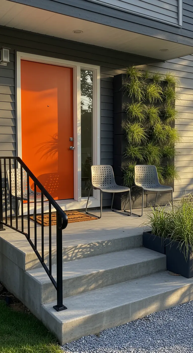 Porche moderno con puerta naranja, sillas grises de diseño y un impresionante jardín vertical en la pared.