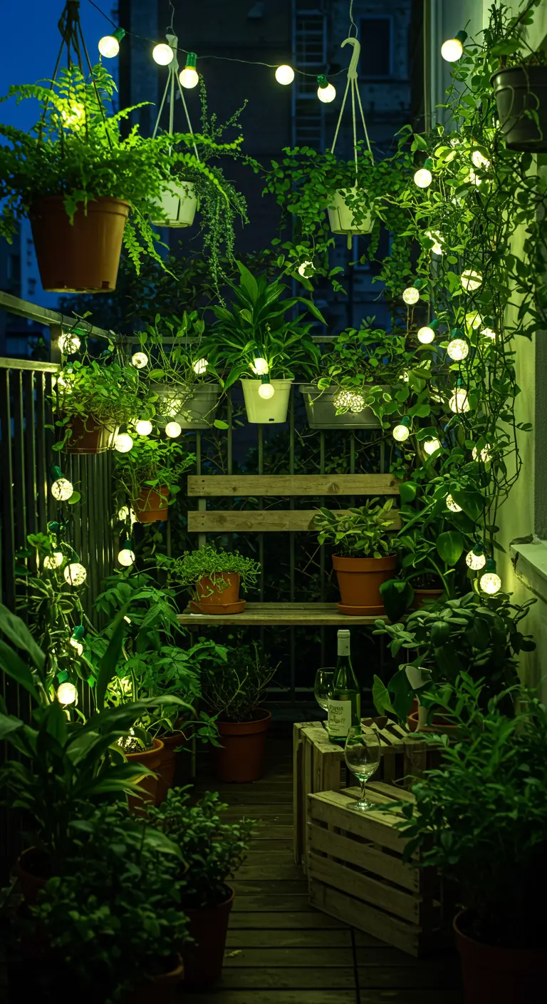 Balcón estrecho y exuberante, lleno de plantas verdes a diferentes alturas e iluminado con guirnaldas.