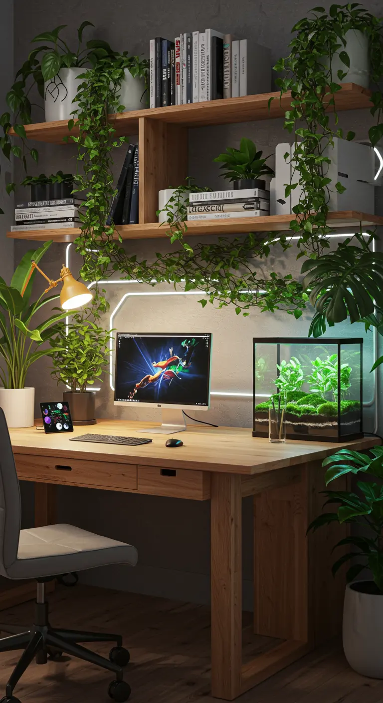 Escritorio de madera rodeado de plantas, enredaderas y un terrario, con iluminación LED blanca.