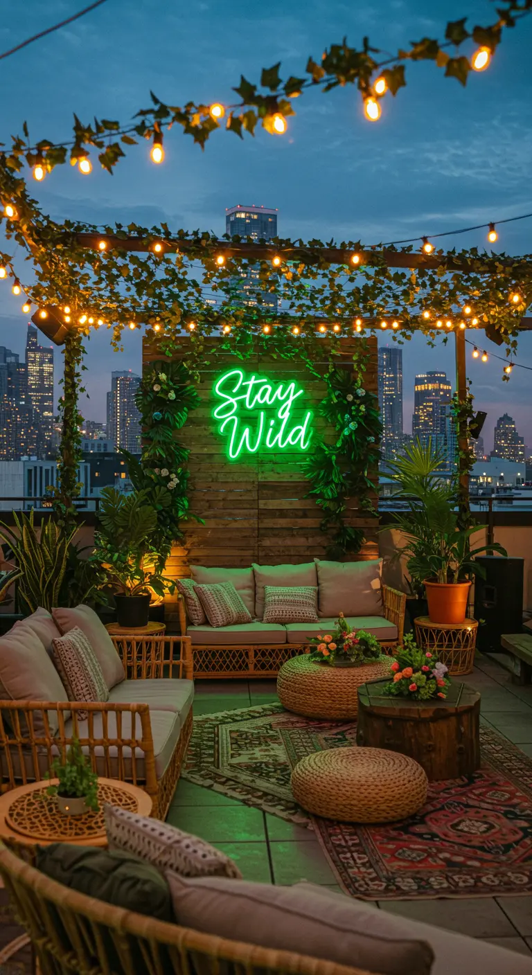 Terraza con letrero de neón 'Stay Wild' verde, plantas y luces colgantes.