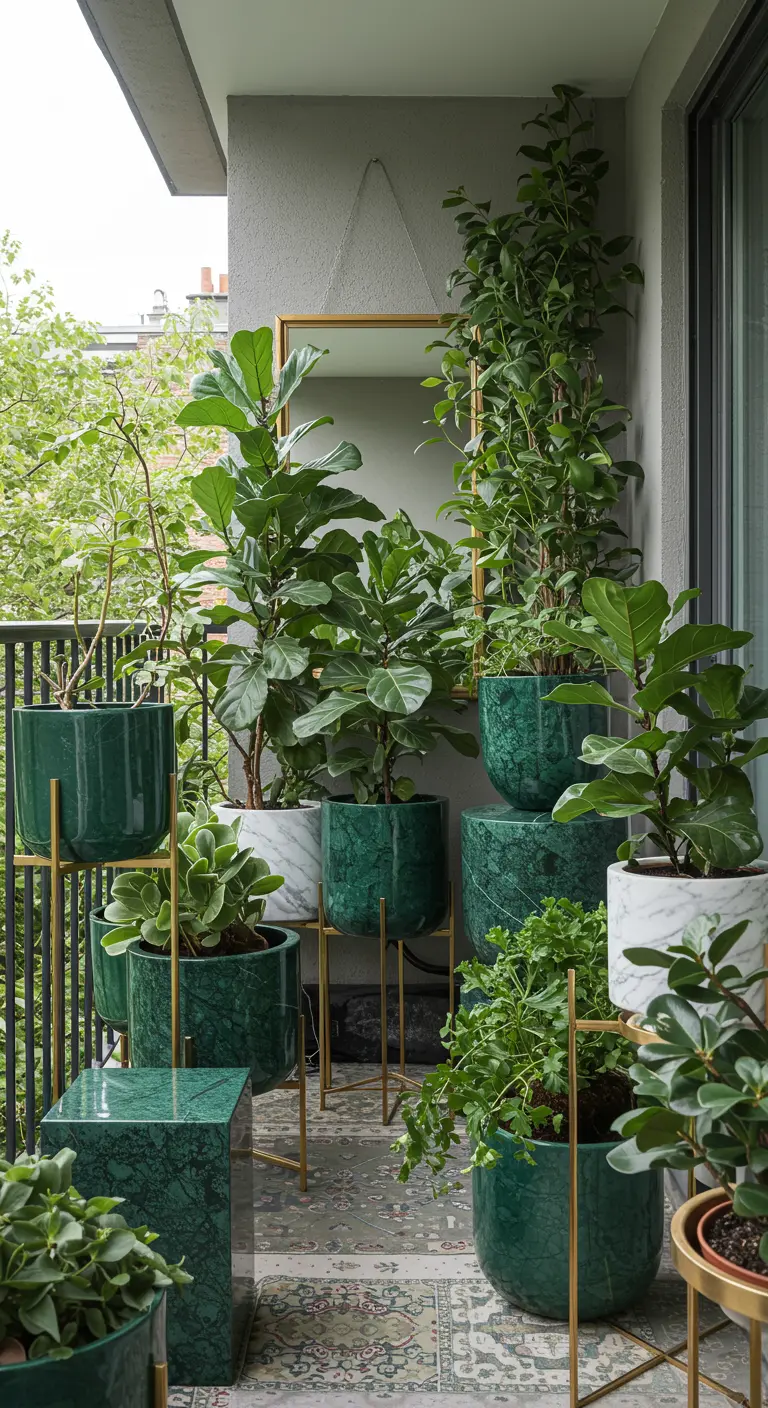 Balcón lleno de plantas en macetas de mármol verde sobre soportes dorados de diferentes alturas.