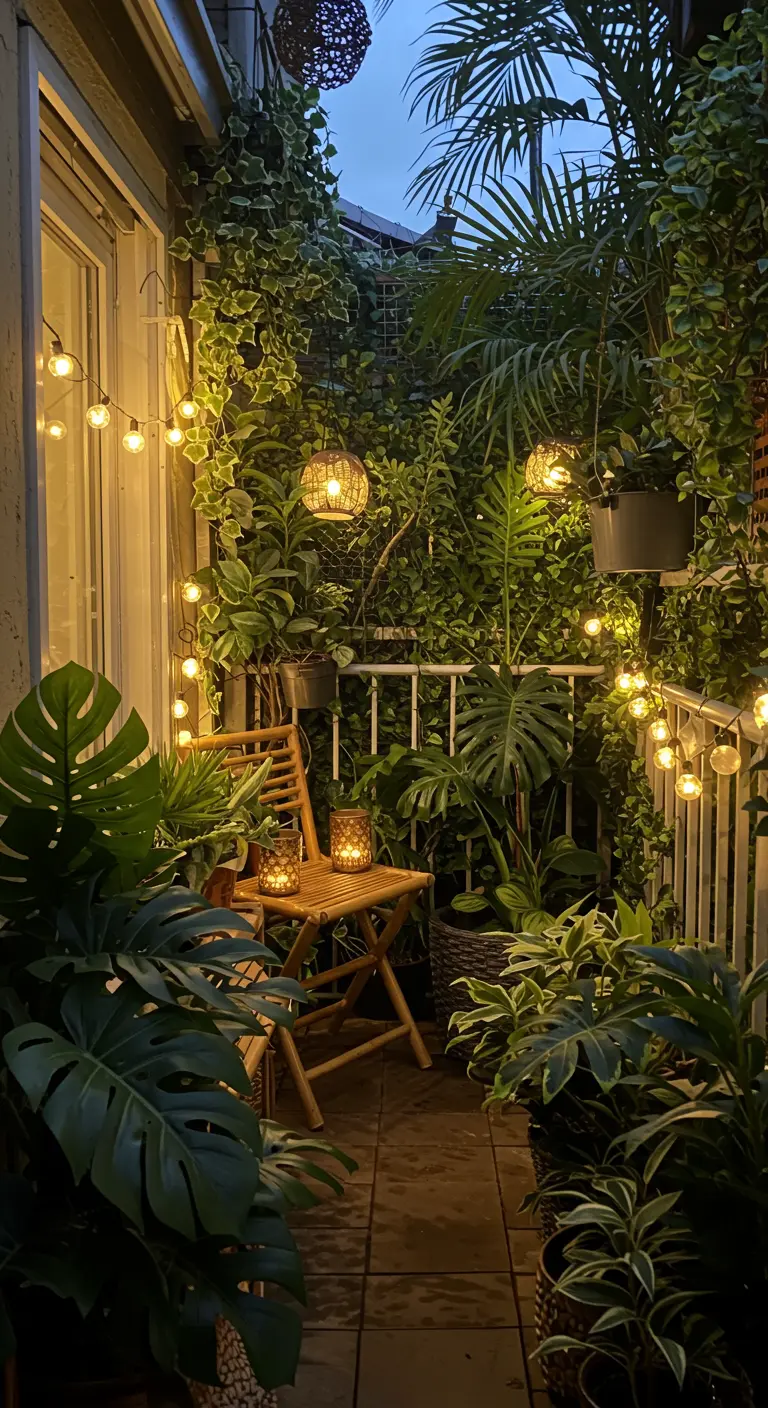Balcón exuberante y selvático lleno de plantas, con luces colgantes y una silla de bambú.
