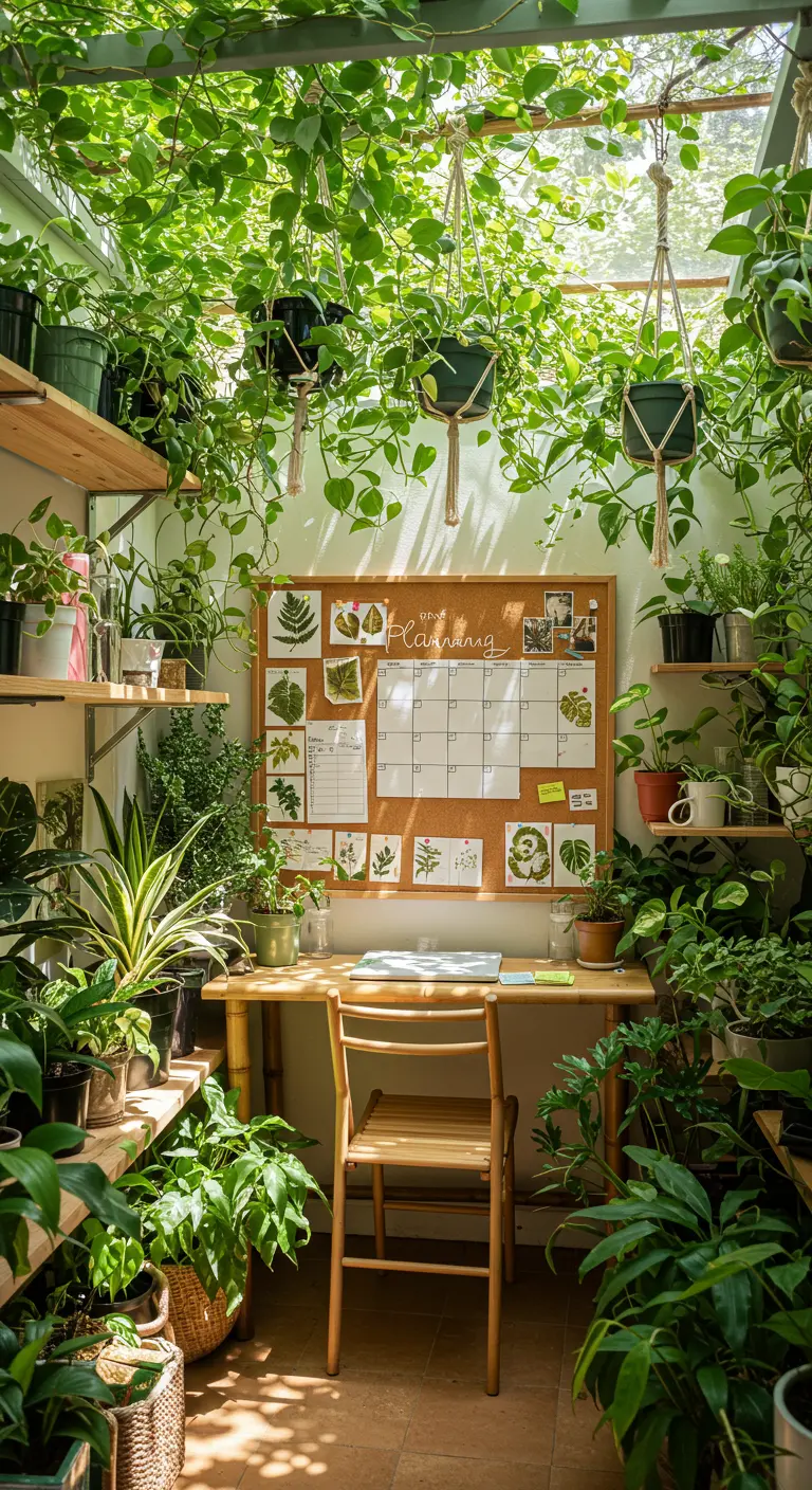 Rincón de trabajo rodeado de plantas colgantes y en macetas, con un calendario de corcho.