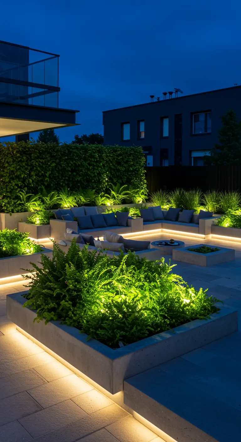 Patio moderno con jardineras de hormigón llenas de helechos, iluminadas con tiras de luz LED.