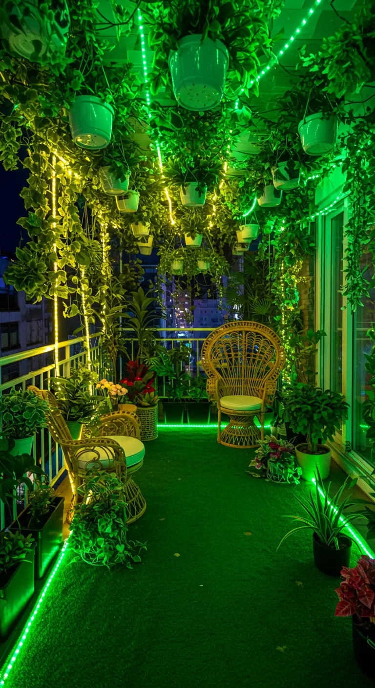 Balcón exuberante lleno de plantas y enredaderas, iluminado por todas partes con luces LED verdes y amarillas