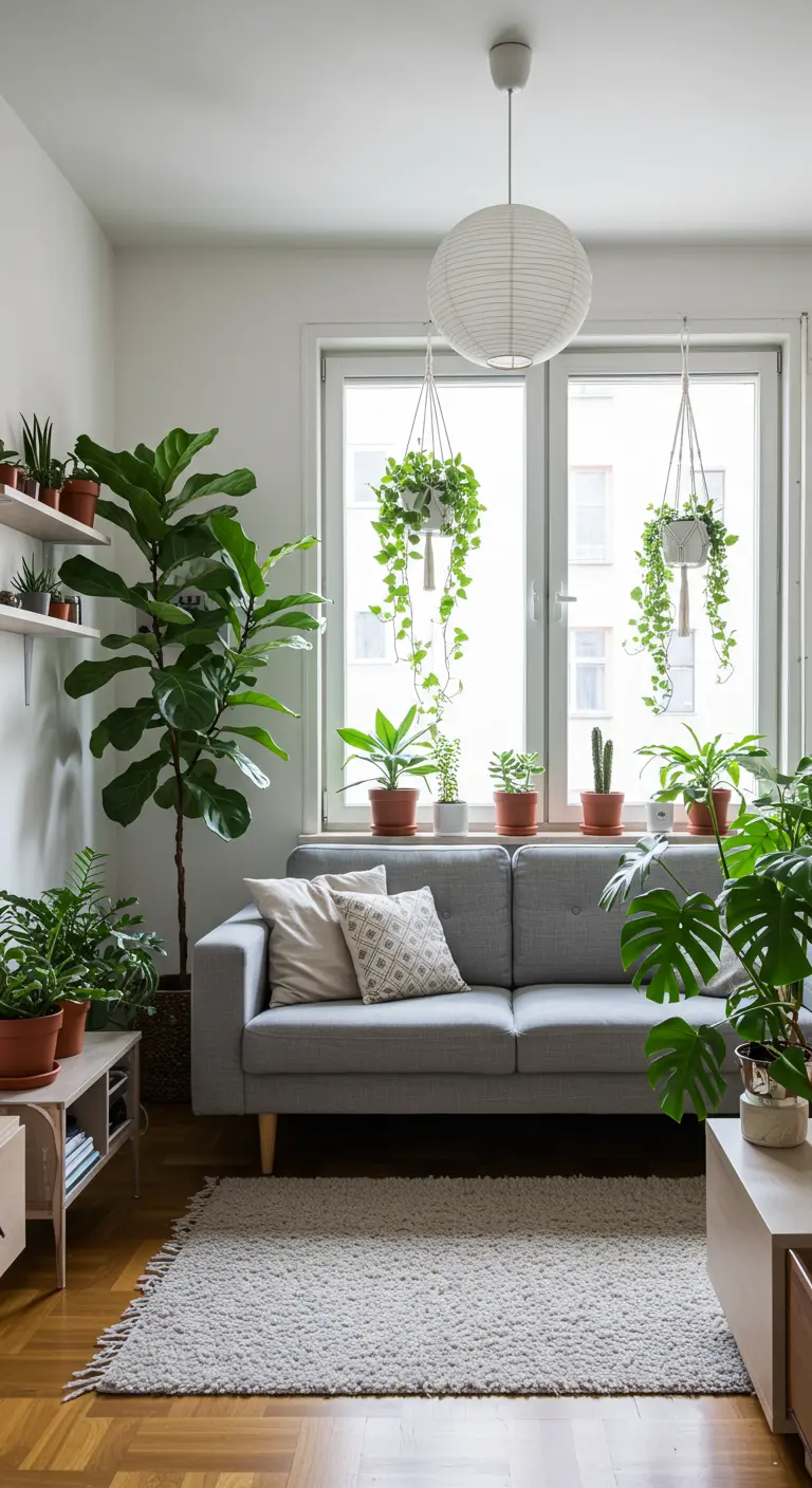 Sala de estar pequeña y luminosa llena de plantas de interior a diferentes alturas.