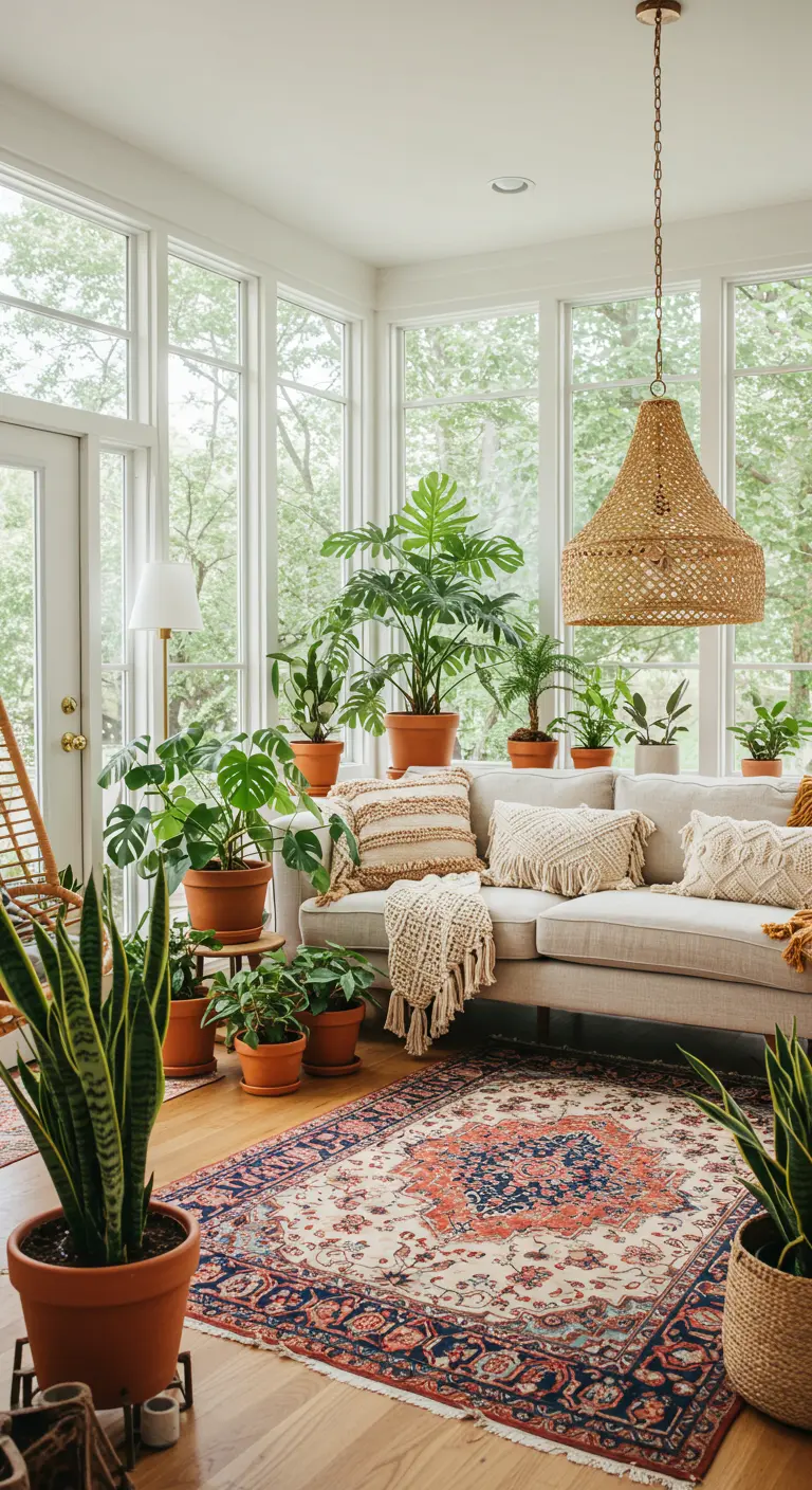Porche cerrado de estilo bohemio lleno de plantas de interior, un sofá beige y una alfombra persa.