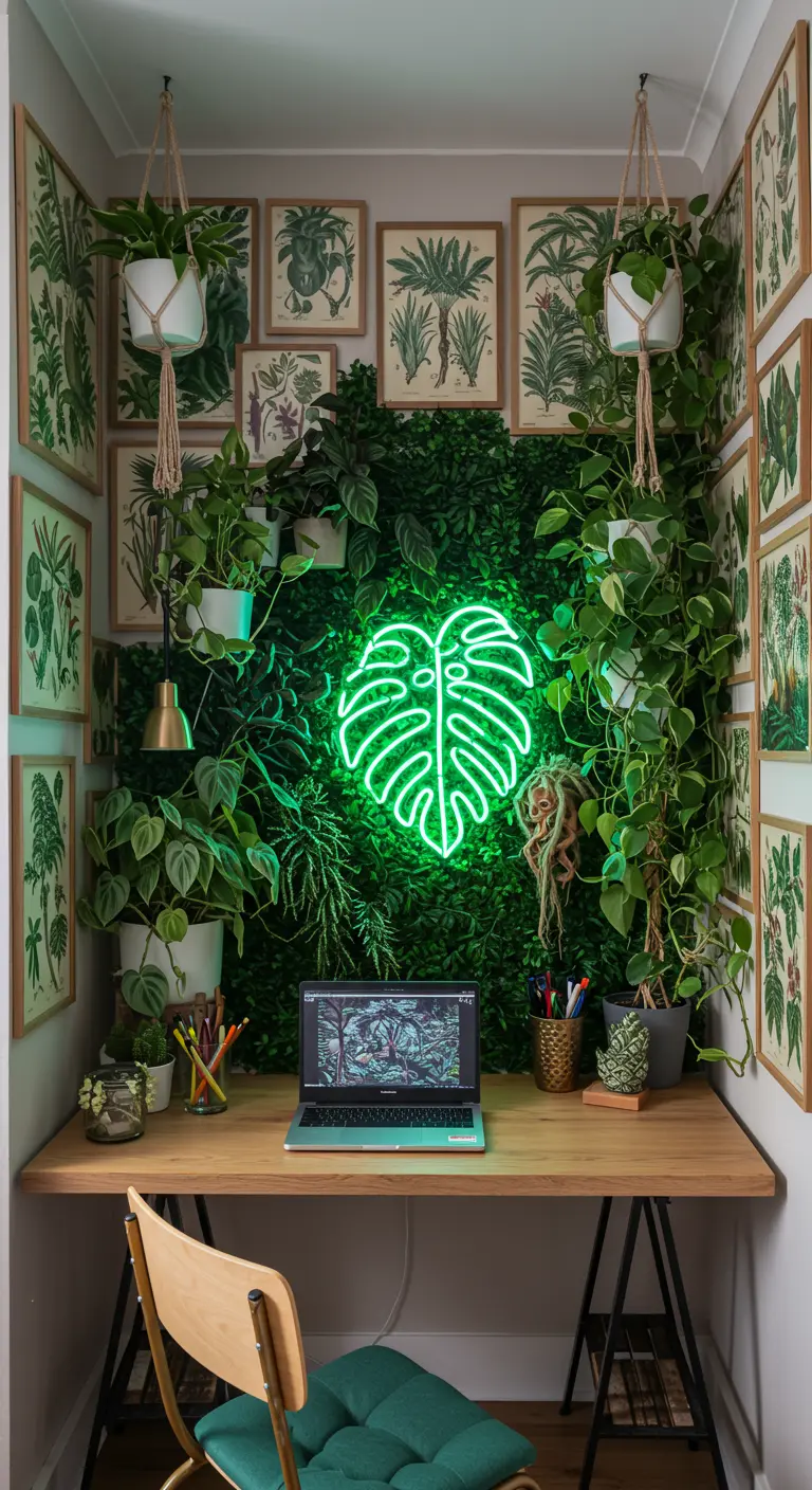 Pequeña oficina en un nicho con pared de plantas y un neón verde en forma de hoja de monstera.